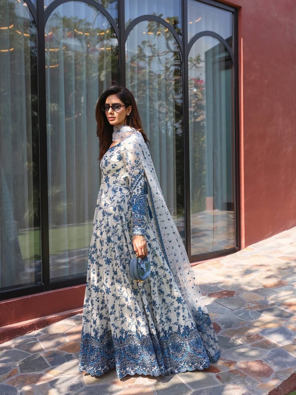 Blue Floral Embroidered Suit Set