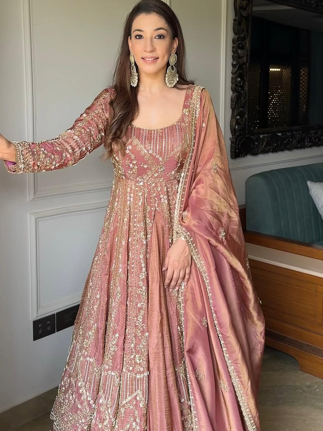 Dusty Rose Anarkali Suit – Tissue Fabric with Zari Sequin Embroidery Work
