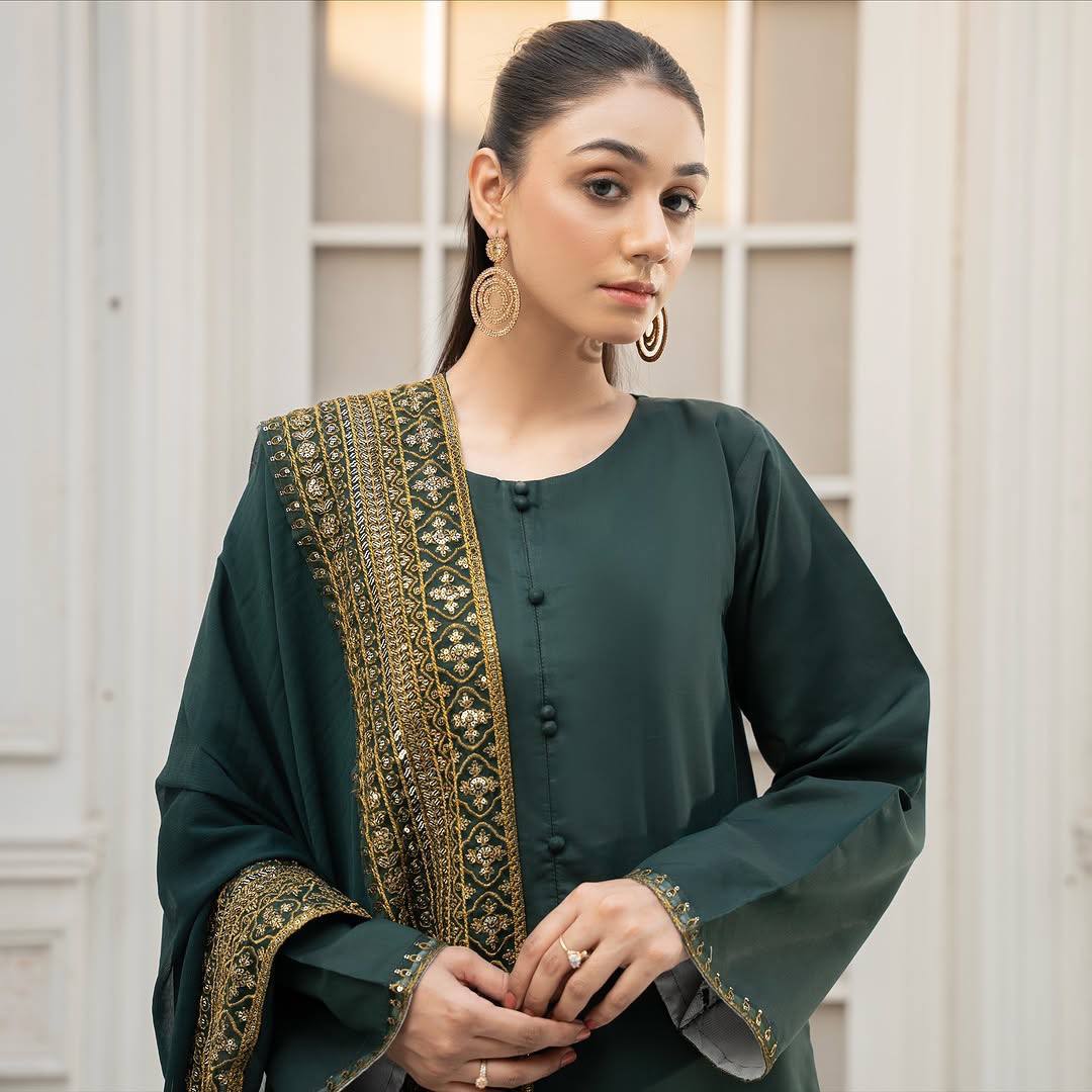 Royal Bottle Green Heavy Embroidered Silk Suit Set with Designer Dupatta