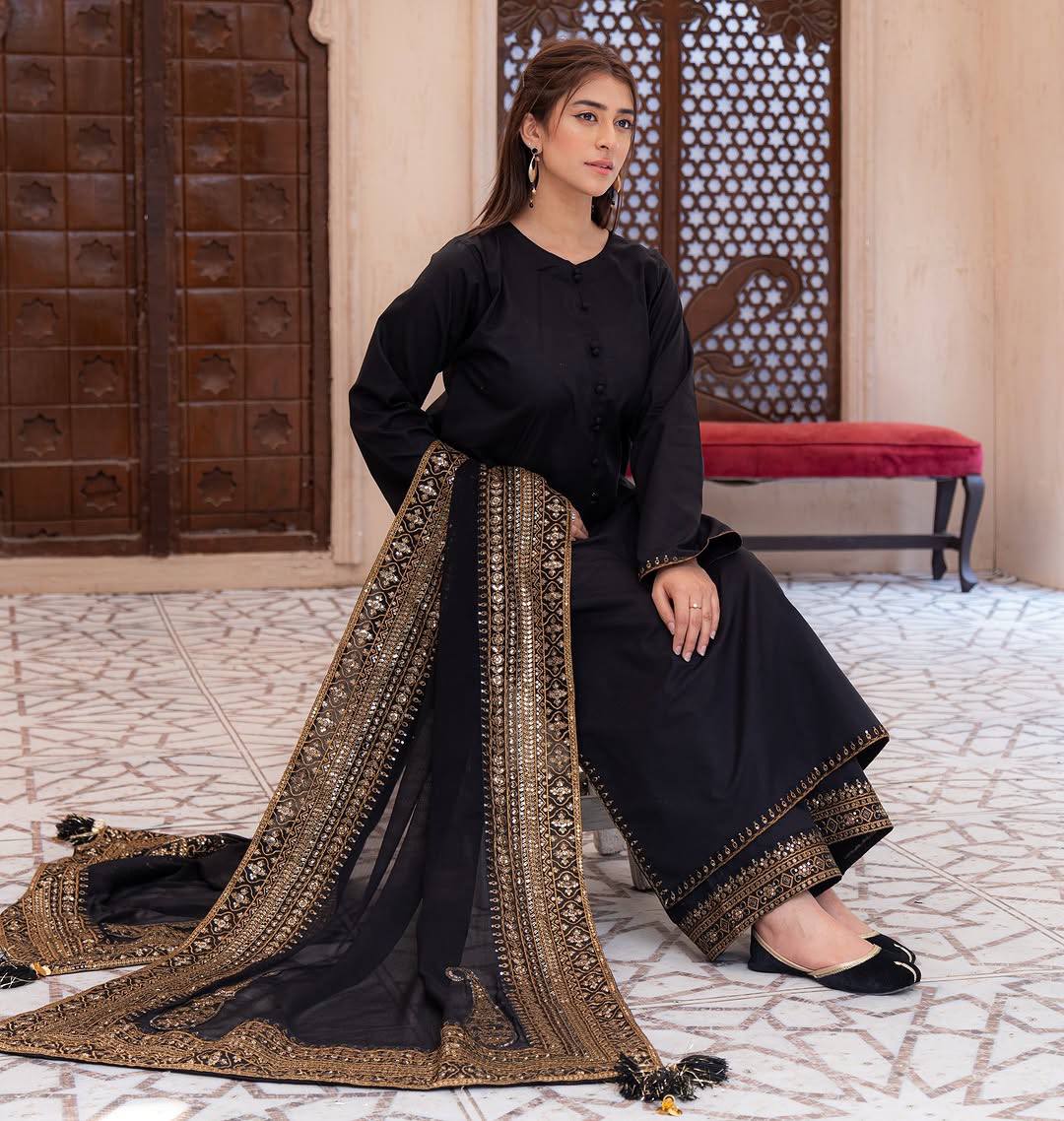 Luxury Black Embroidered Silk Suit Set