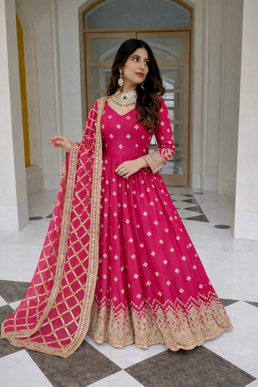 Woman in a pink traditional outfit with gold details indoors.