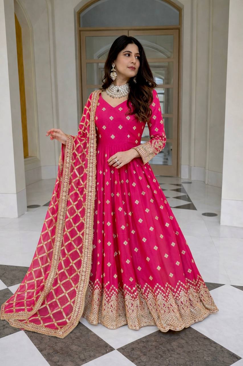 Rani Pink Heavy Embroidered Anarkali Gown Set with Designer Dupatta