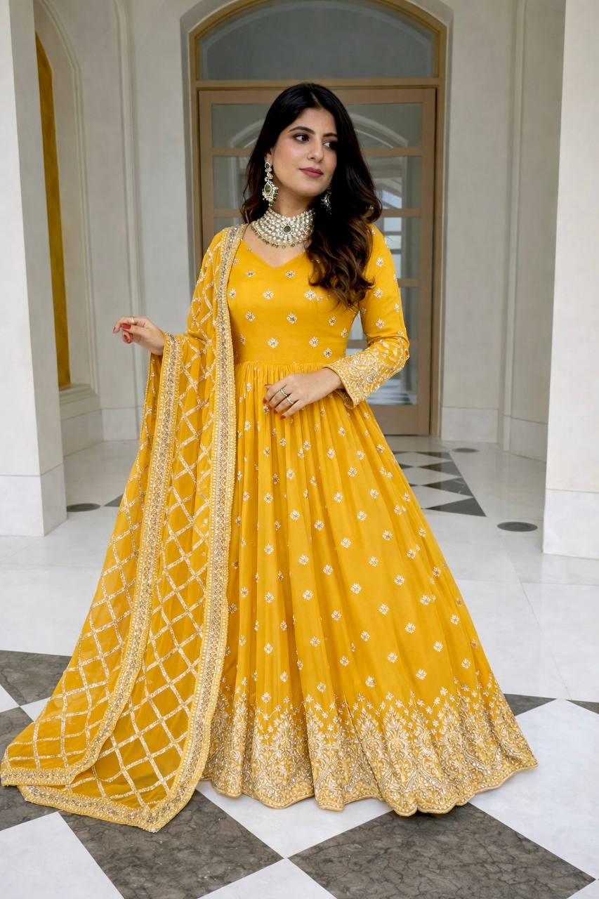 Mustard Yellow Heavy Sequins Embroidered Gown Set with Dupatta