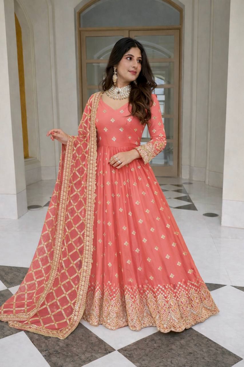 Peach Pink Heavy Embroidered Anarkali Gown Set with Dupatta