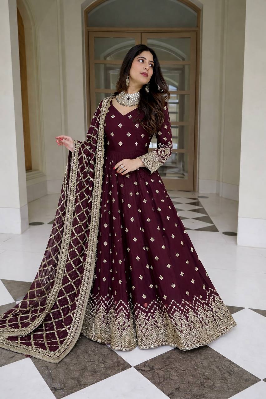 Wine Maroon Heavy Embroidered Anarkali Gown Set with Dupatta