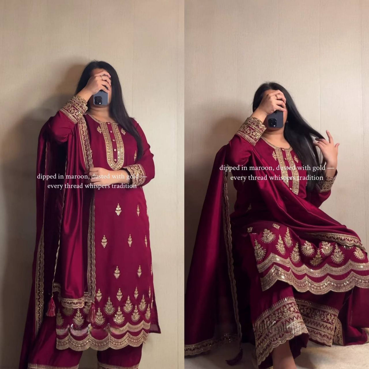 Maroon Straight Cut Kurta Set with Heavy Border Dupatta