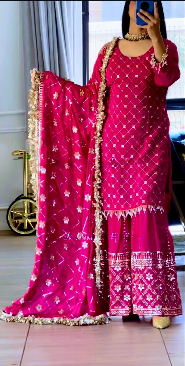Rani Pink Embroidered Kurta Sharara Set with Heavy Dupatta