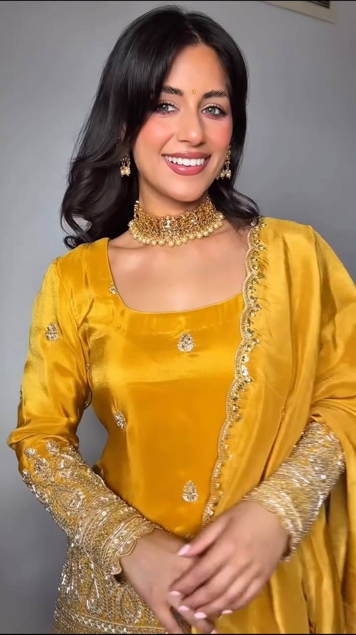 Golden Glamour: Radiant Sharara Set with Intricate Embroidery