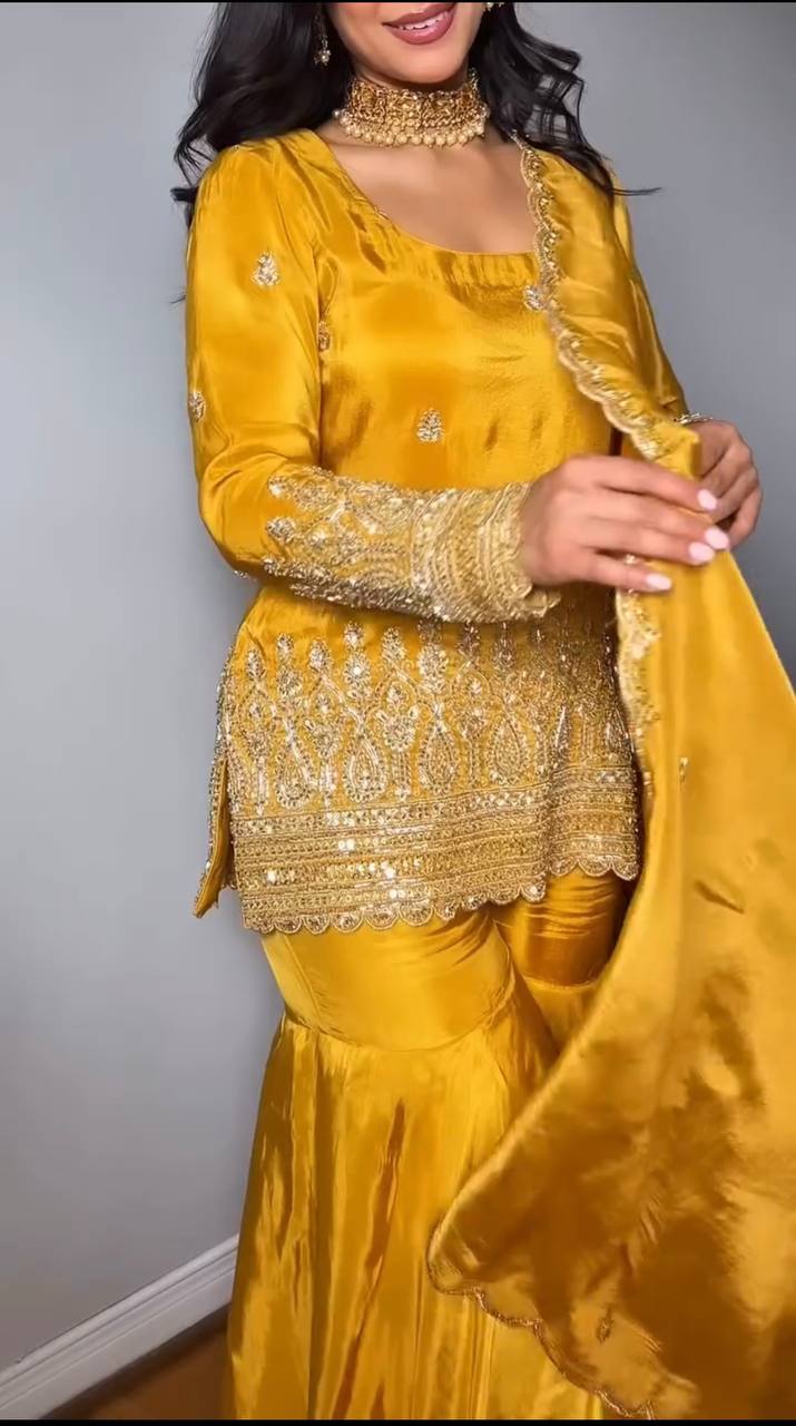 Golden Glamour: Radiant Sharara Set with Intricate Embroidery