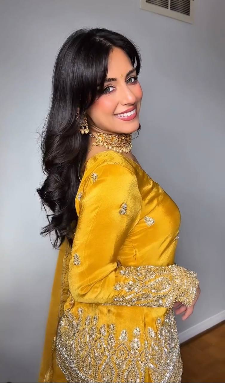 Golden Glamour: Radiant Sharara Set with Intricate Embroidery