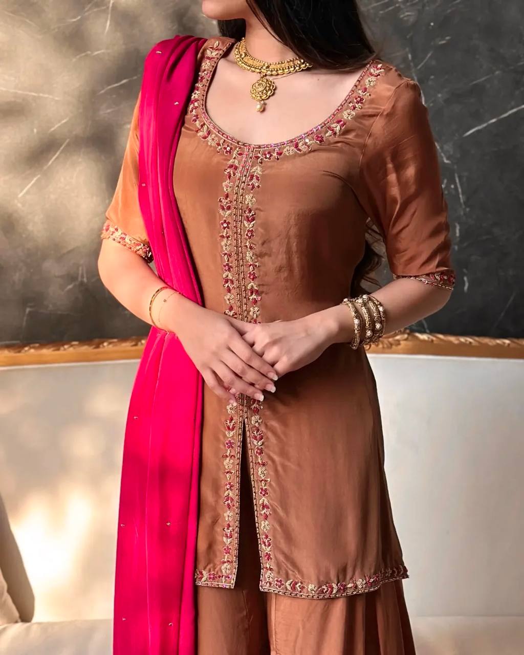 Classic Mocha Embroidery Kurta Palazzo Set