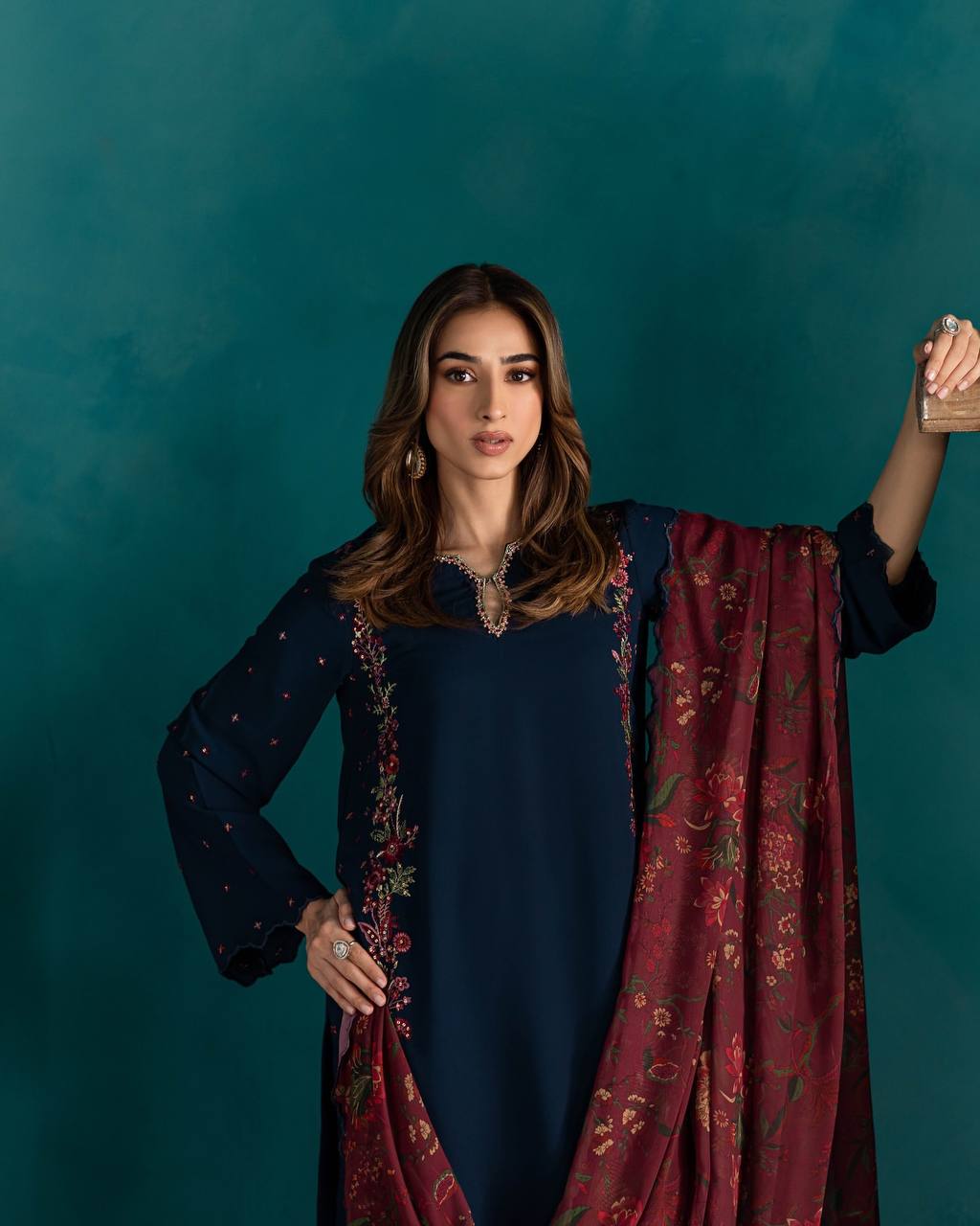 Timeless Grace: Navy Suit with Luxurious Red and Gold Embellishments