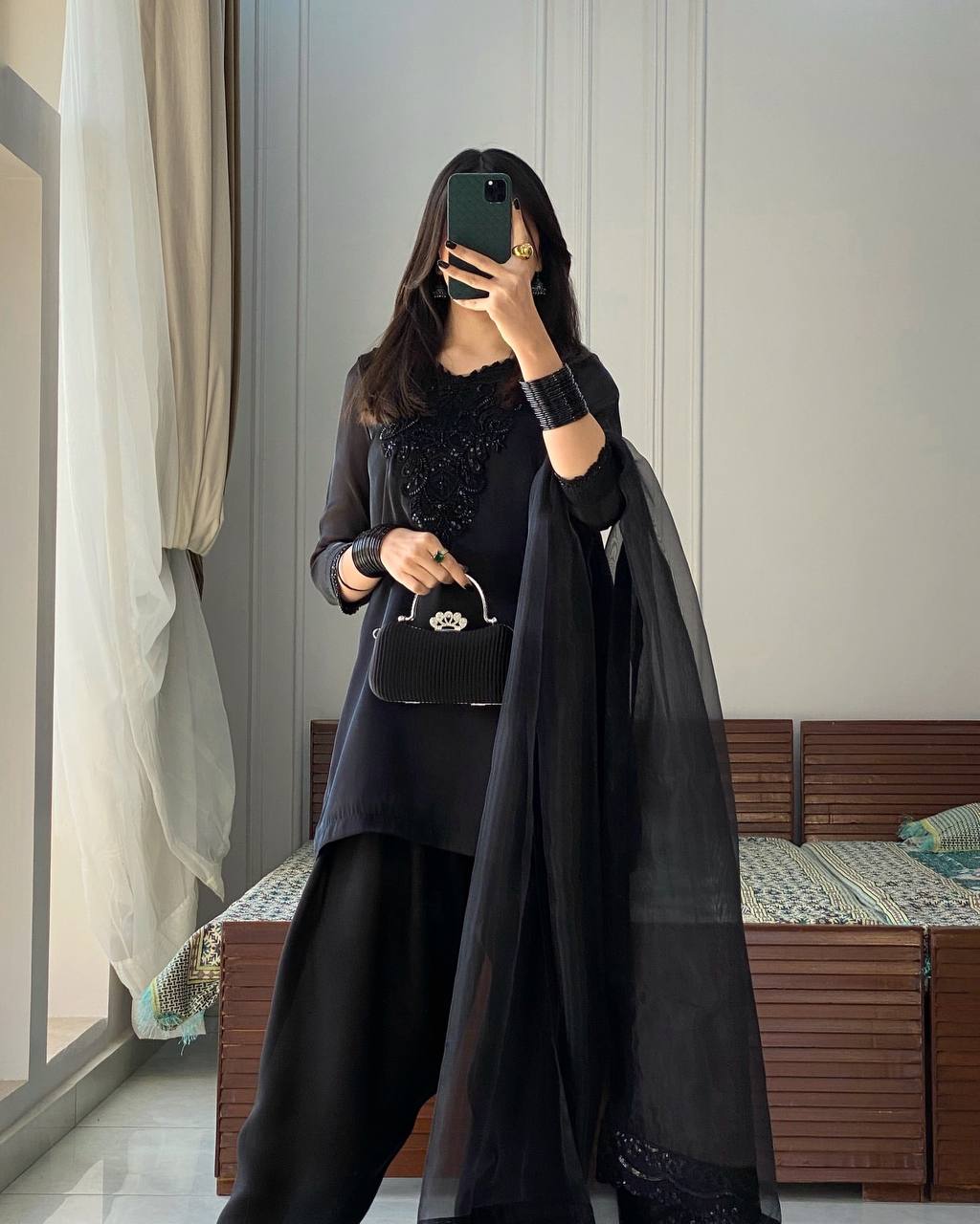 Opulent Noir: Sheer Elegance Embroidered Suit for Timeless Glamour