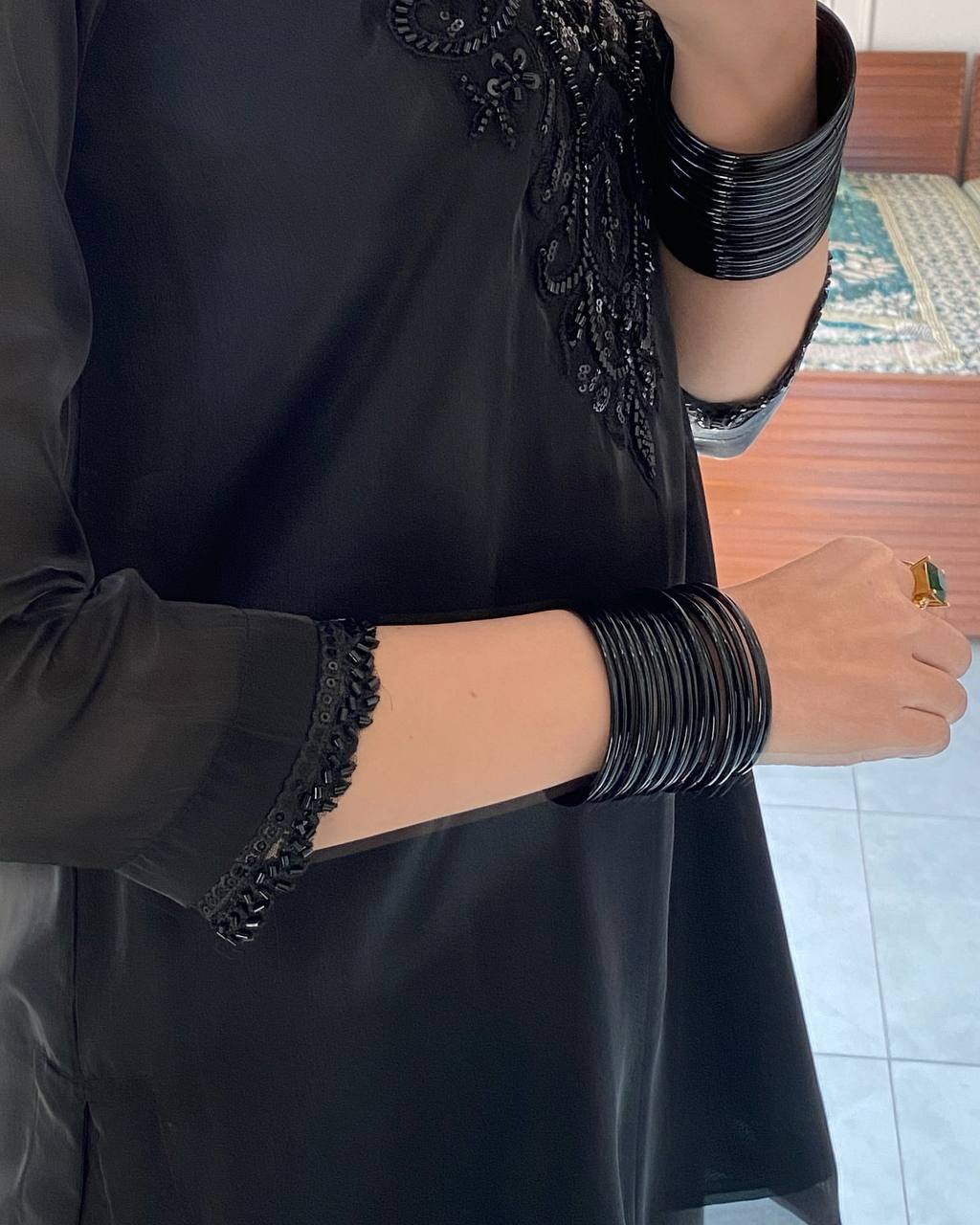 Opulent Noir: Sheer Elegance Embroidered Suit for Timeless Glamour