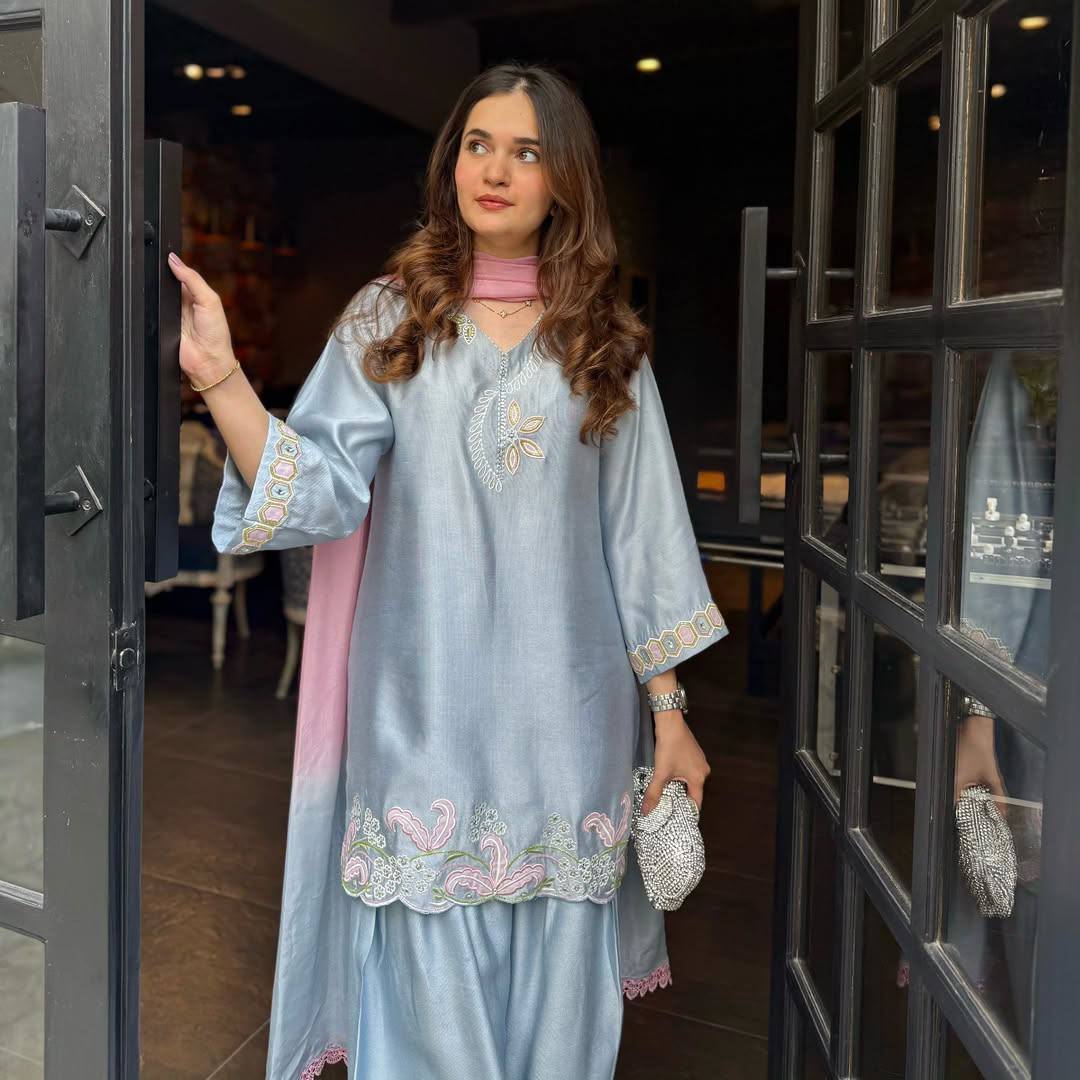 Blue Satin Silk Farshi Salwar Suit Set with Embroidered Top and Dupatta