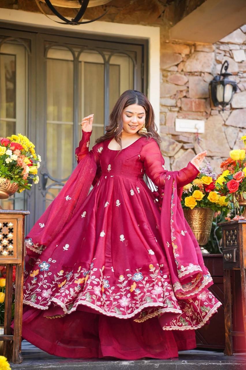 Wine Organza Anarkali Set with Hand Embroidery