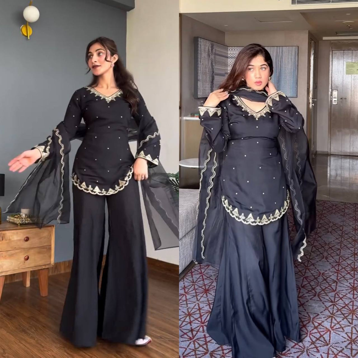 Heavy Natural Crepe Silk Embroidered Top Sharara Palazzo Set with Organza Dupatta