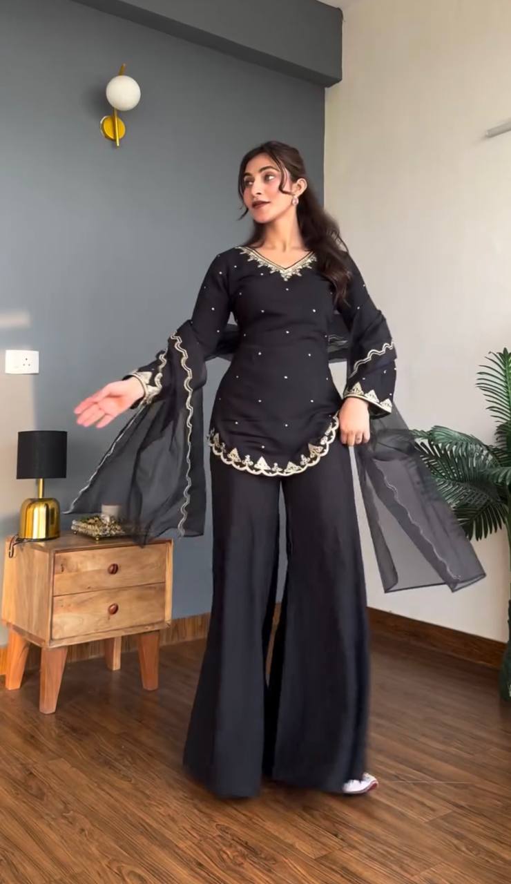 Heavy Natural Crepe Silk Embroidered Top Sharara Palazzo Set with Organza Dupatta