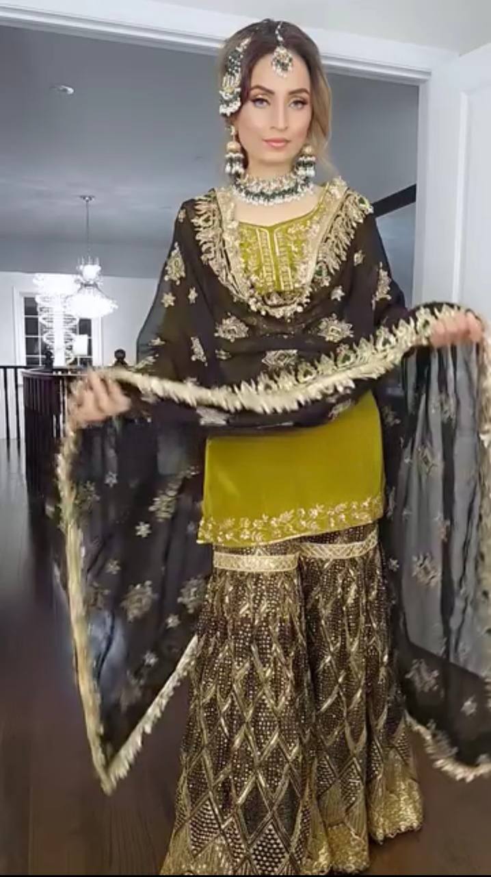 Olive Green Embroidered Sharara Suit – Glamorous Wedding Collection