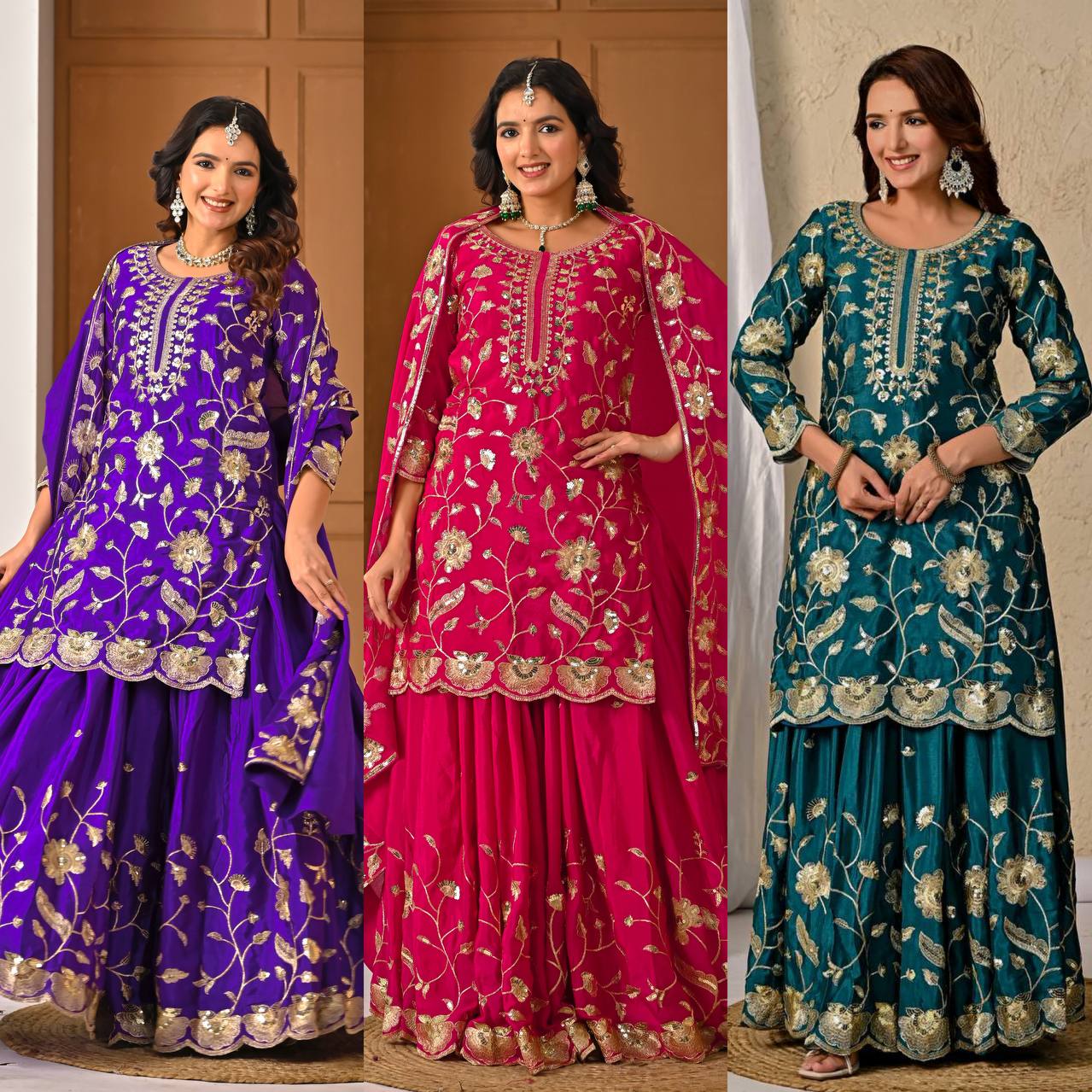 Three women wearing embroidered traditional outfits in purple, pink, and green.