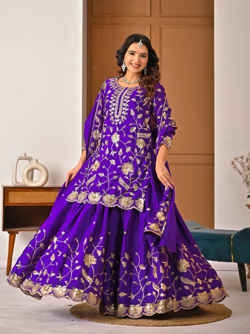 Chinnon Silk Lehenga Choli Set with Sequence Embroidery