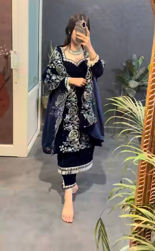 Navy Blue Velvet Embroidered Suit Set with Heavy Dupatta