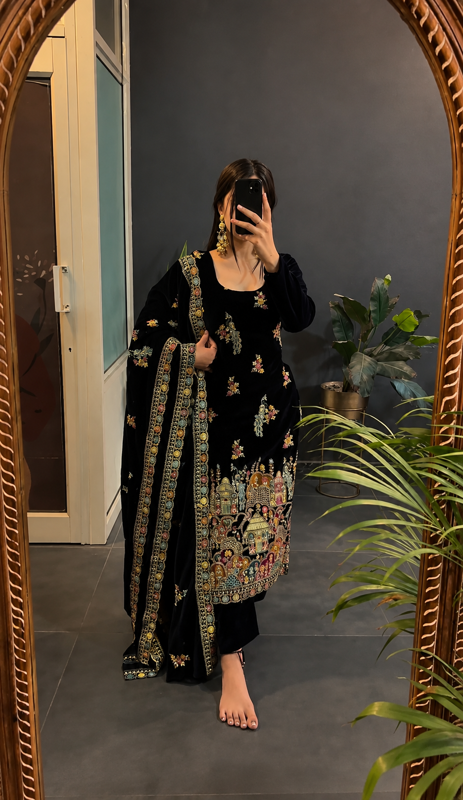 Designer Black Embroidered Velvet Winter Suit