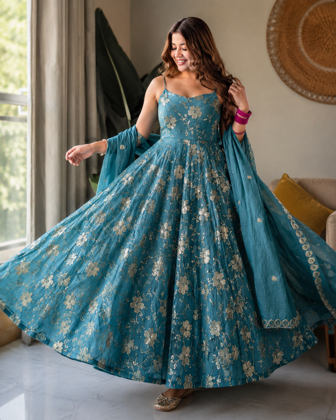 Luxury Teal Blue Floral Gown Set for Women – Festive Special
