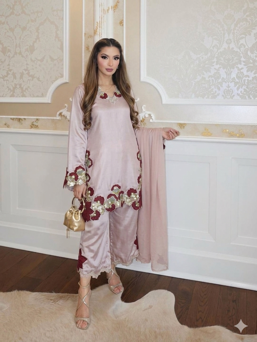 Woman in a light pink traditional outfit with floral embroidery in a decorated room.