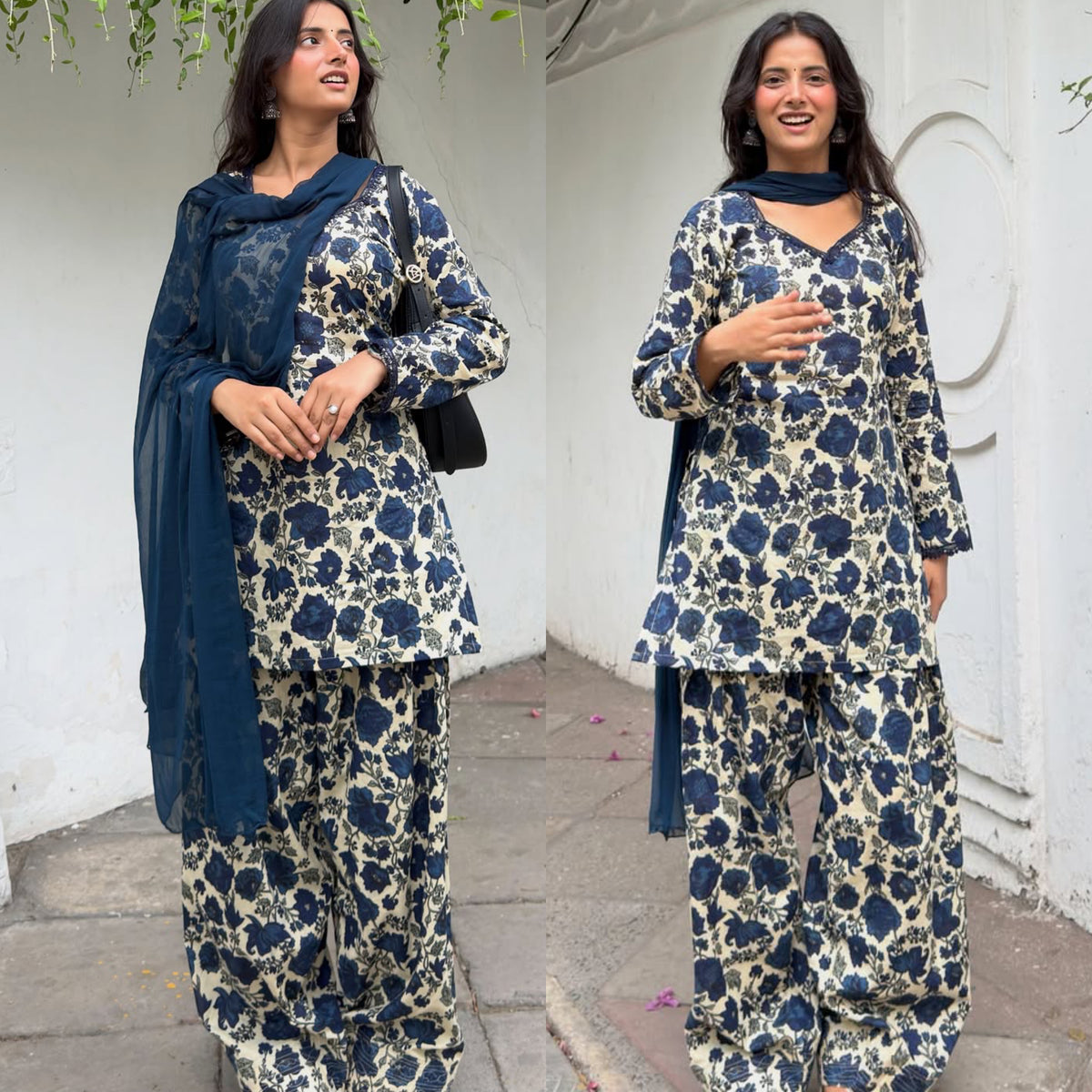 Navy Blue Floral Printed Patiala Suit for Women