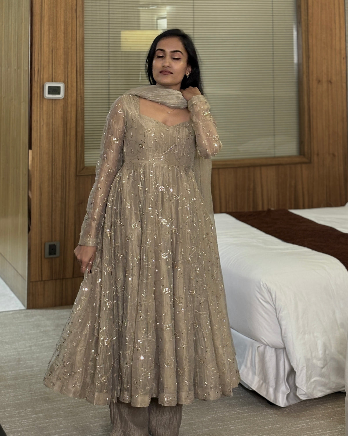 Taupe Sequin Embroidered Anarkali Suit Set