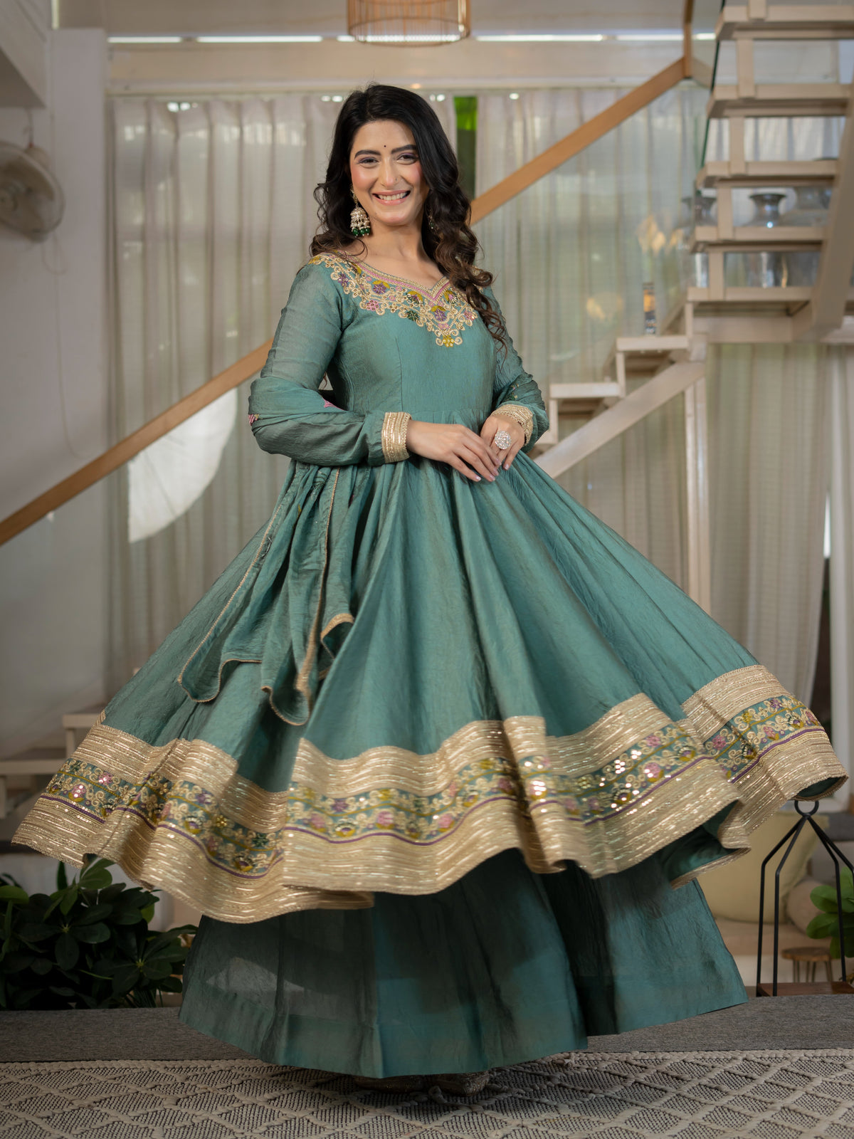 Green Flared Anarkali Suit Set with Heavy Zari Border