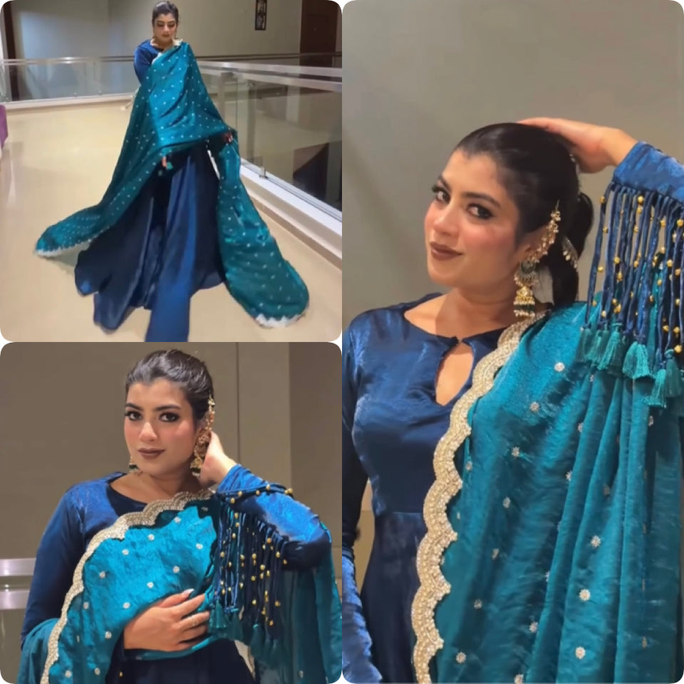 Royal Blue Satin Suit with Teal Blue Embroidered Dupatta | Designer Festive Wear