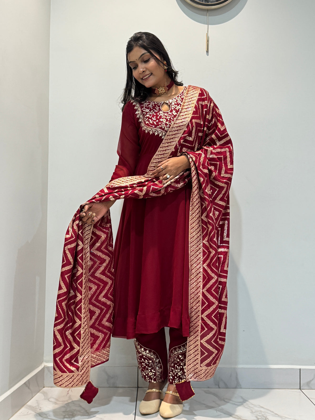Wine Maroon Embroidered Anarkali Suit Set with Designer Dupatta