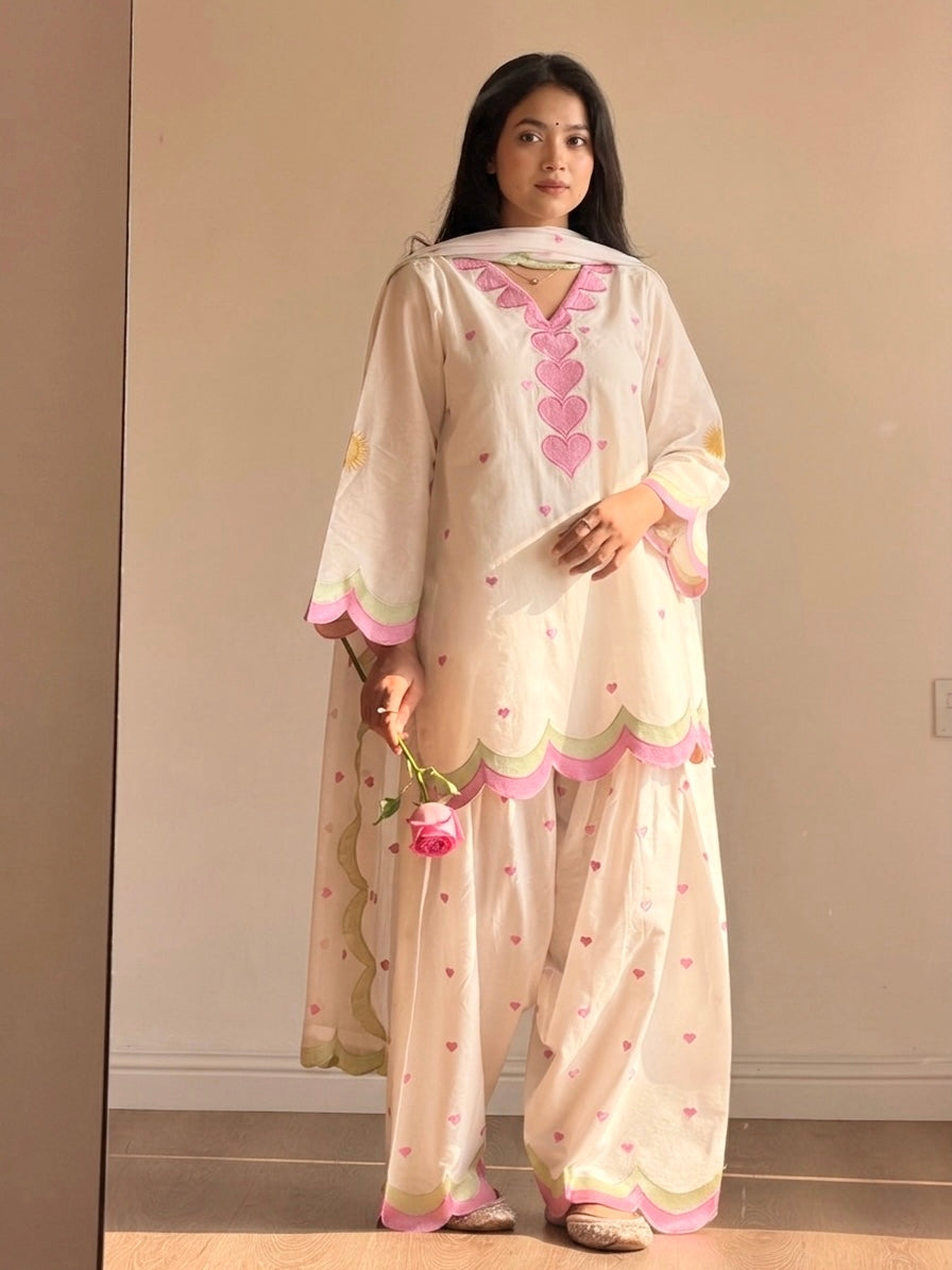 Ivory Pink Heart Embroidered Palazzo Suit Set with Dupatta