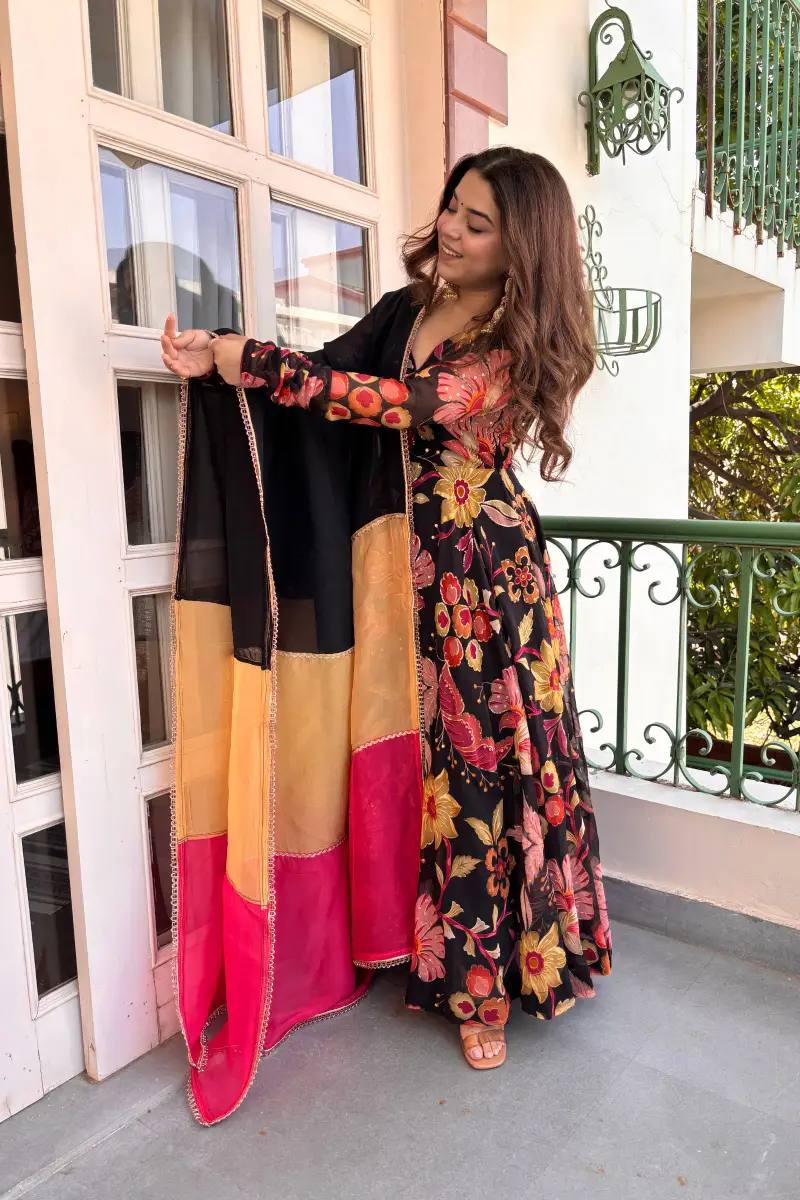 Black Pink Floral Printed Faux Silk Flared Anarkali Suit
