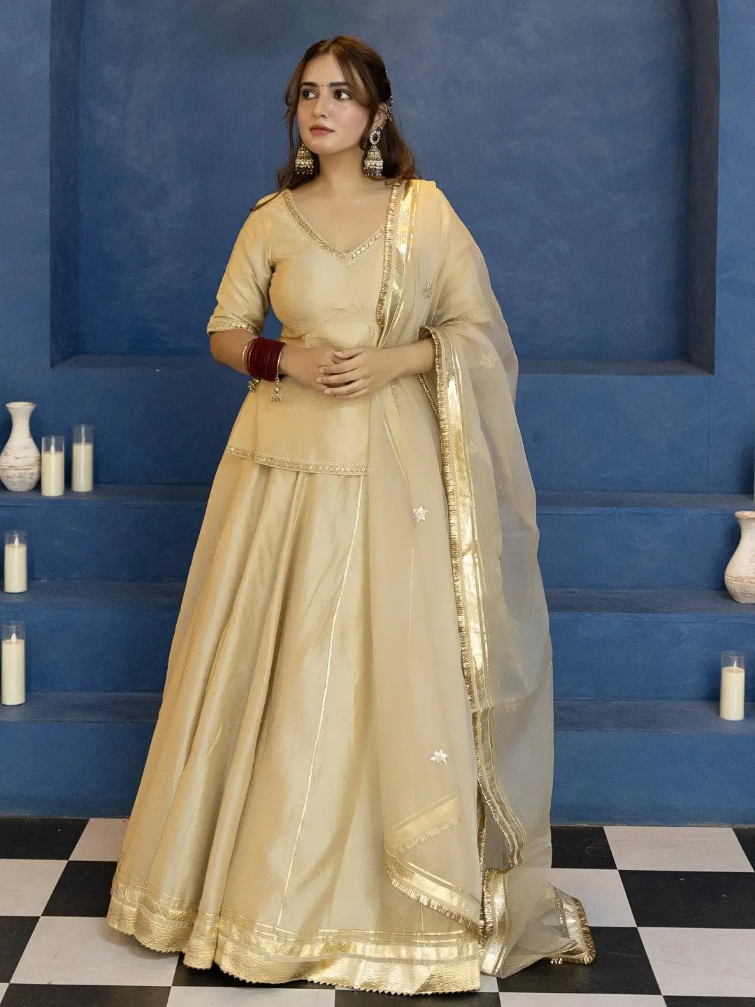 Champagne Gold Silk Lehenga Suit with Designer Dupatta