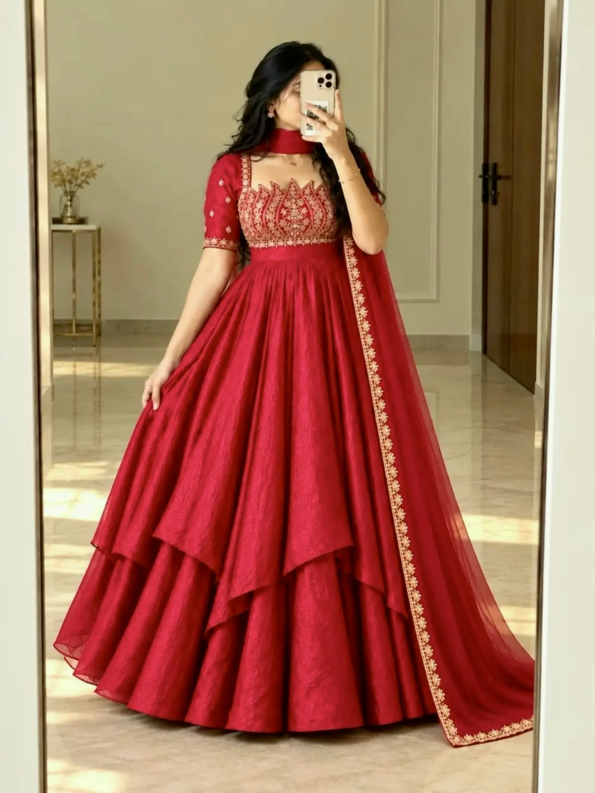 Red Embroidered Layered Anarkali Gown with Golden Work & Dupatta | Designer Party Wear