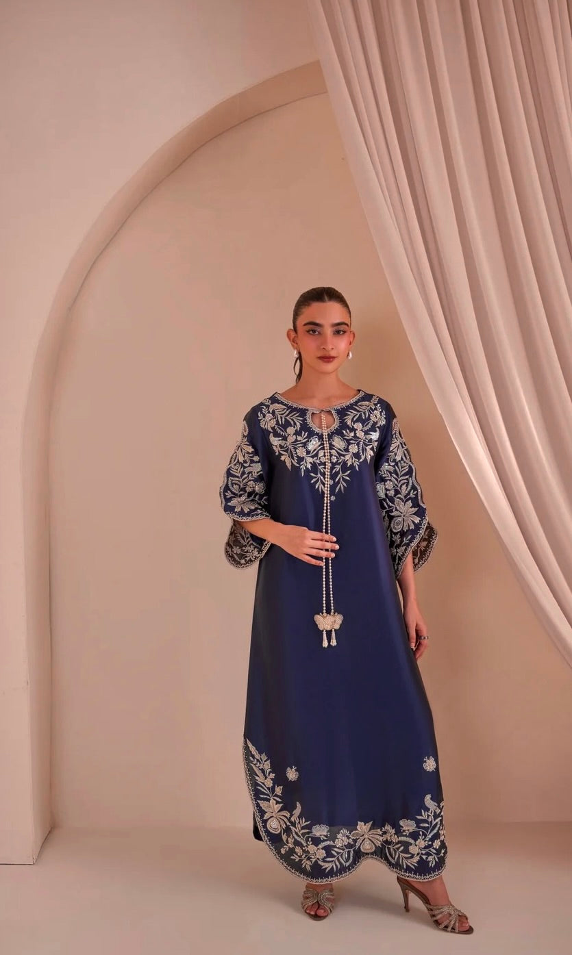 Navy Blue Embroidered Pakistani Kurta with Floral Work | Designer Ethnic Wear