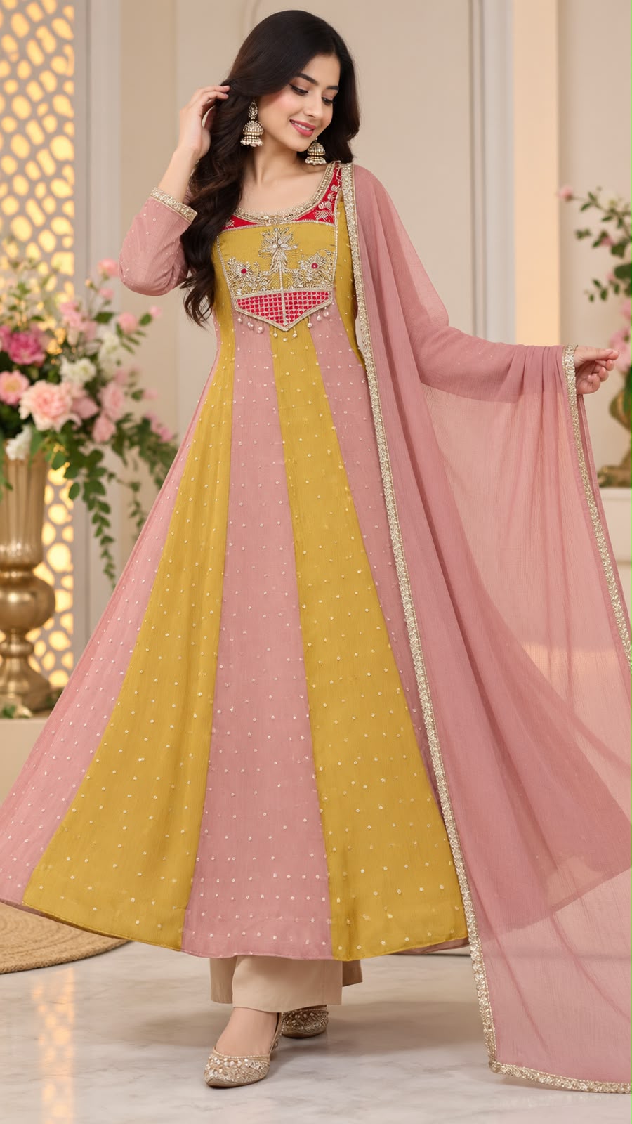 Pink & Mustard Yellow Embroidered Anarkali Suit with Dupatta | Designer Festive Wear
