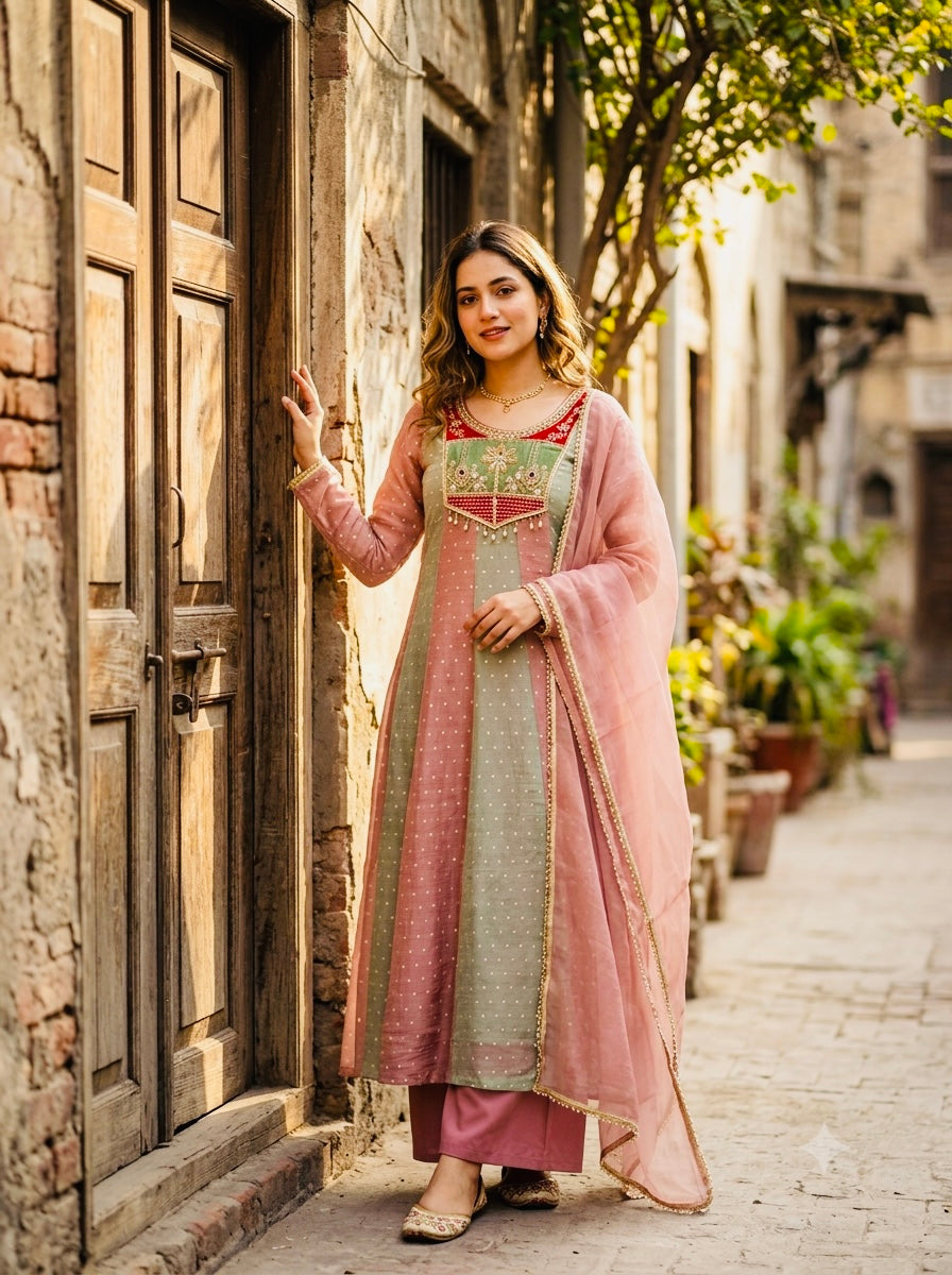 Pastel Pink & Mint Green Embroidered Anarkali Suit with Dupatta | Designer Festive Wear