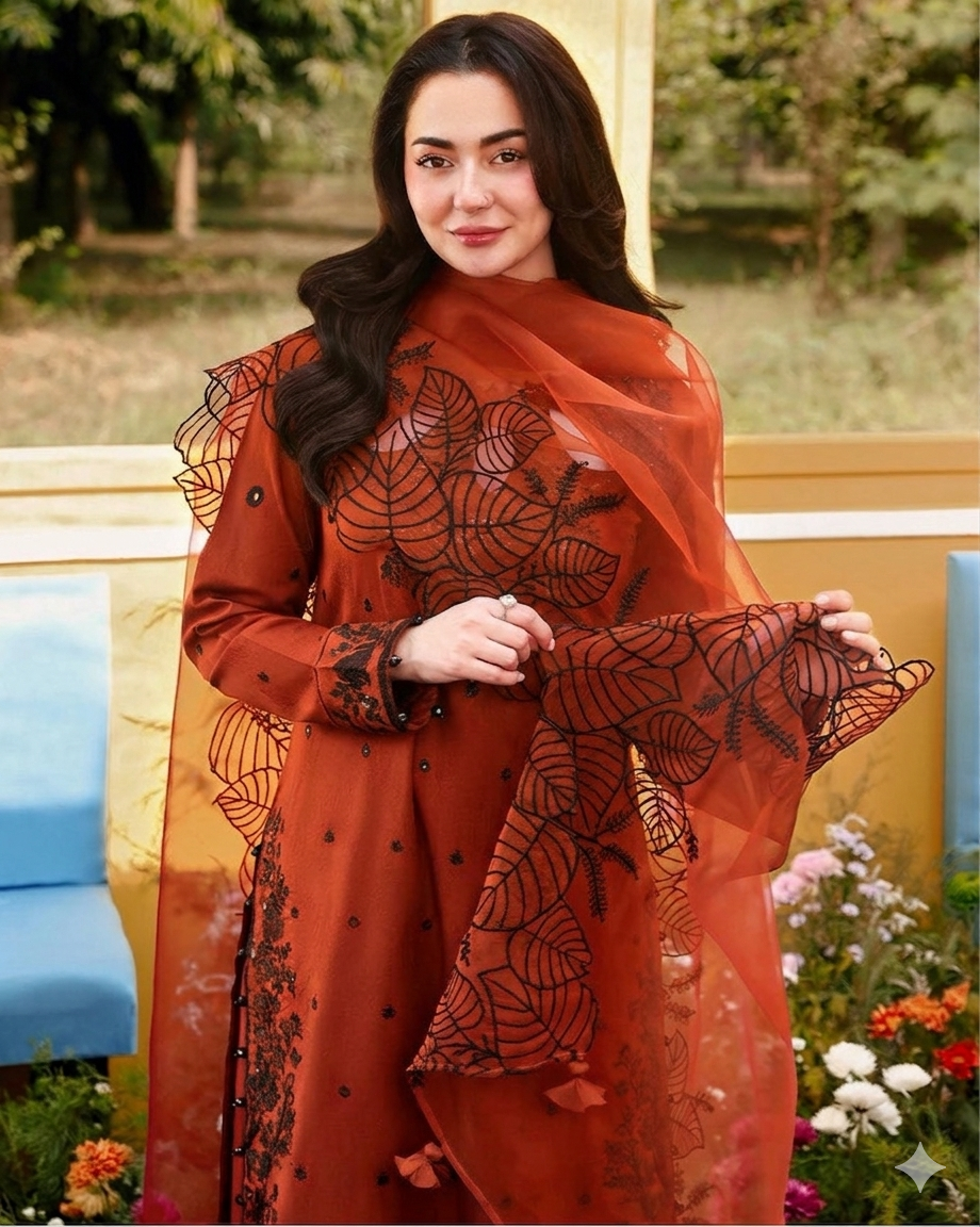 Rust Orange Embroidered Kurta Set with Dupatta – Elegant Ethnic Wear