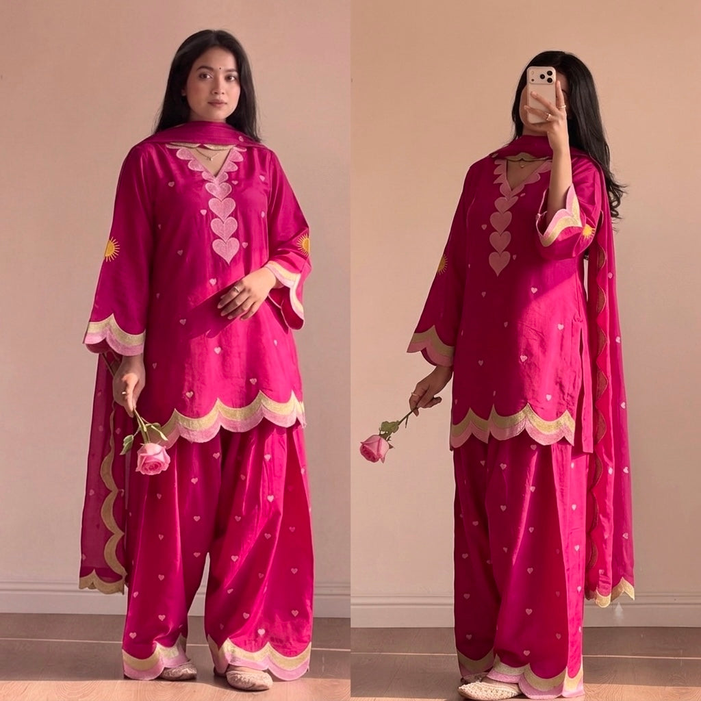 Rani Pink Heart Embroidered Palazzo Suit Set