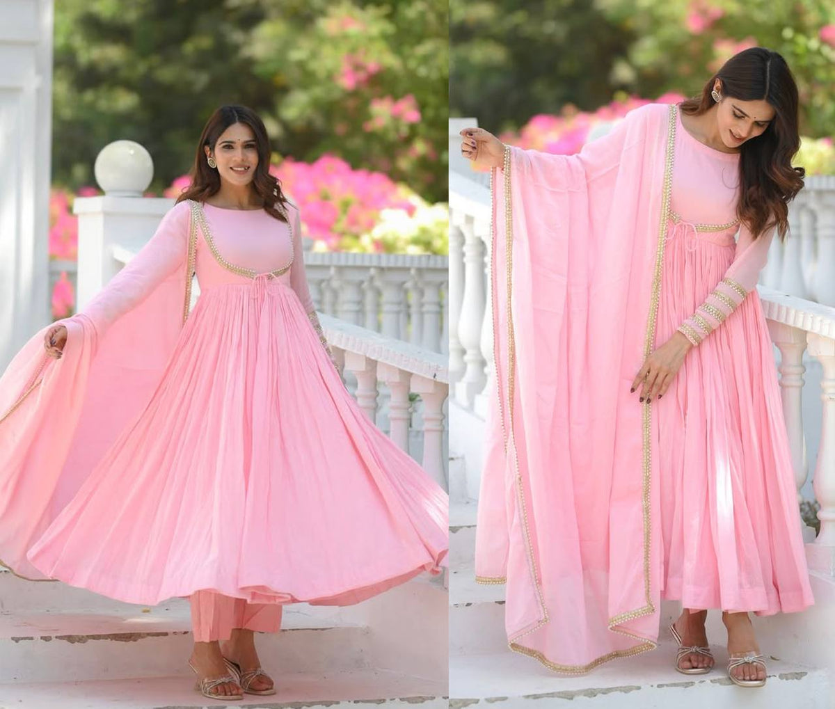 Baby Pink Anarkali Gown Set with Dupatta for Women