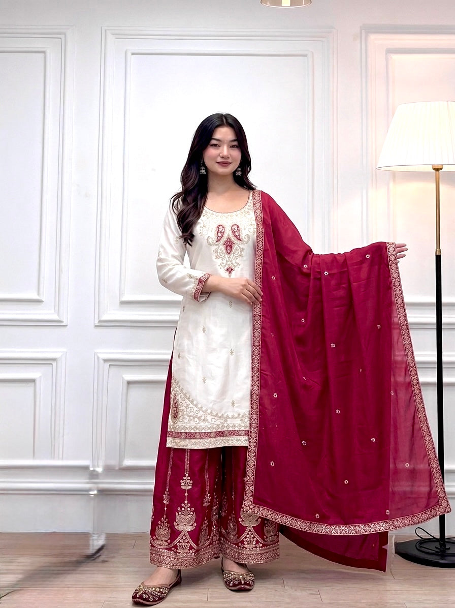 Elegant Embroidered Chinon Silk Suit Set with Designer Dupatta