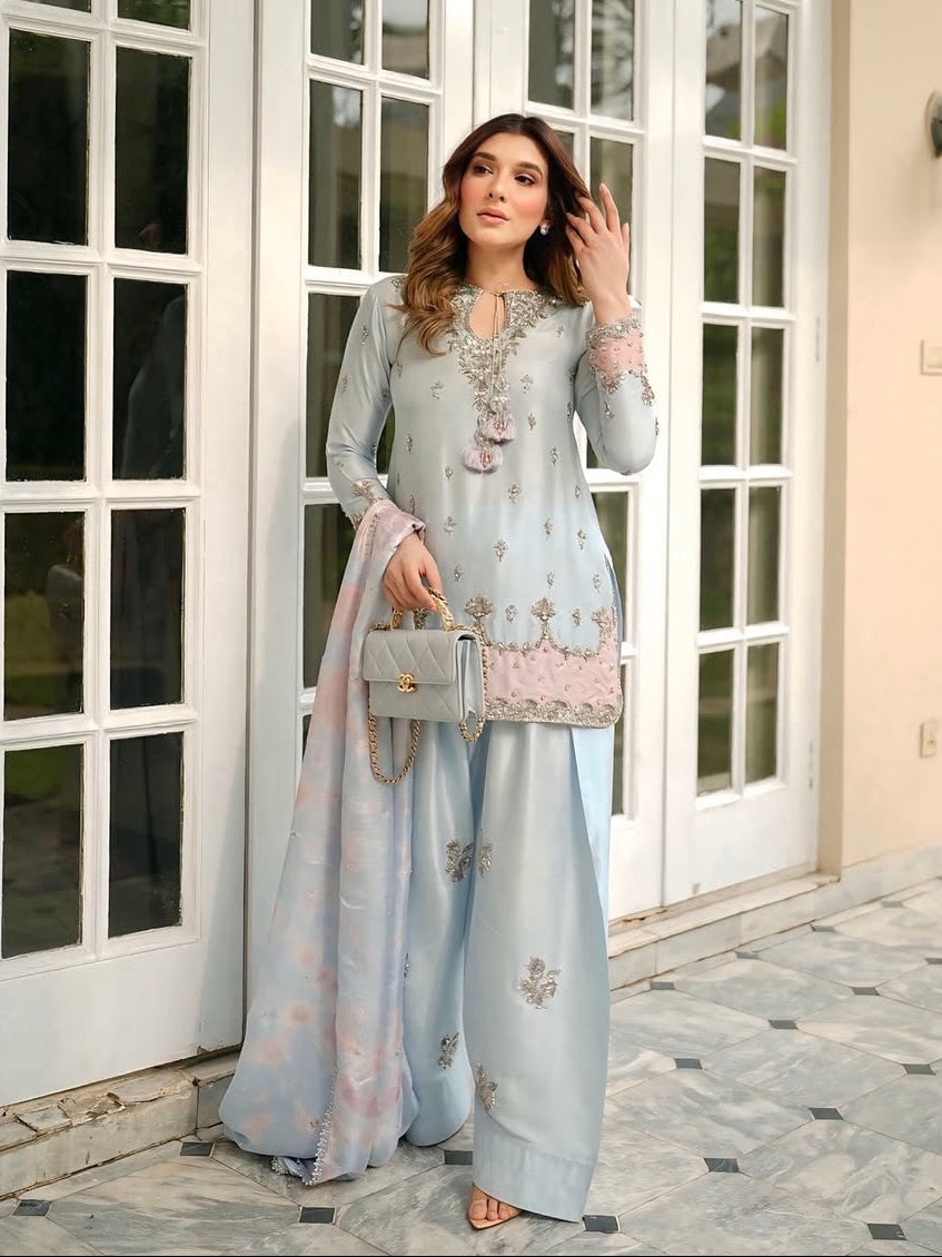 Royal Beige Embroidered Palazzo Suit Set with Organza Dupatta