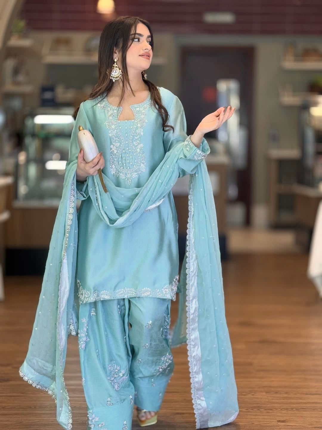 Girls Ice Blue Embroidered 3-Piece Pakistani Suit with Dupatta
