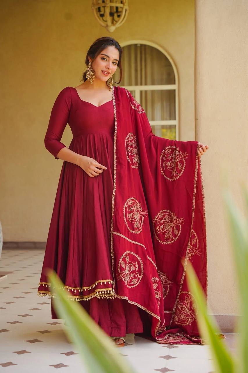 Royal Maroon Embroidered Flared Lehenga Set with Dupatta