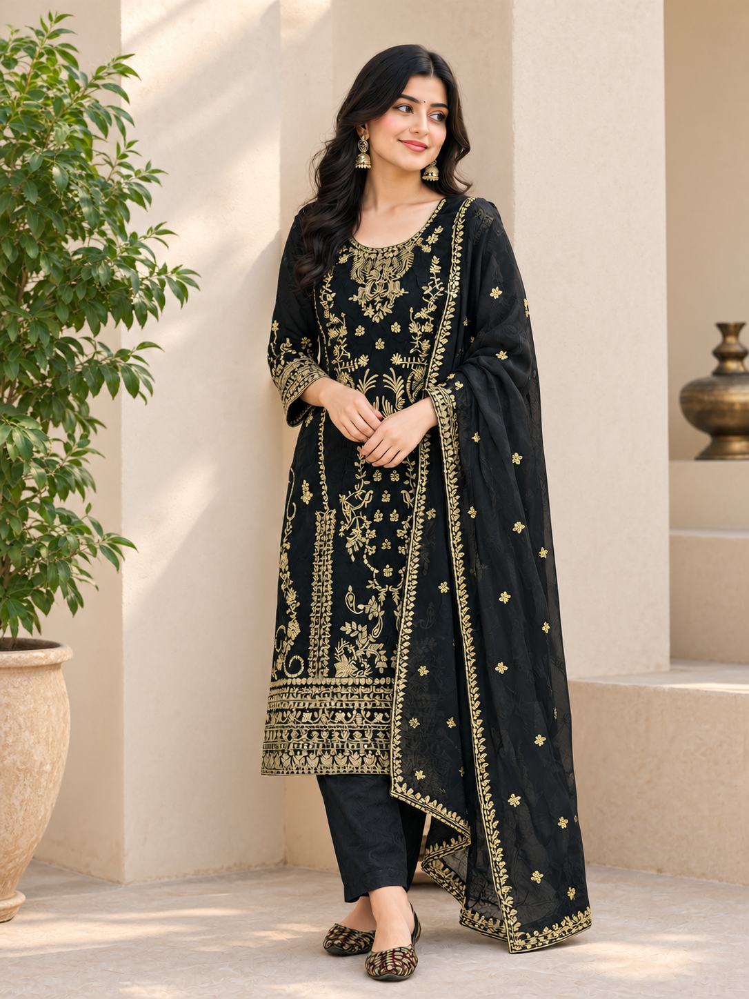 Black & Gold Embroidered Pakistani Suit Set
