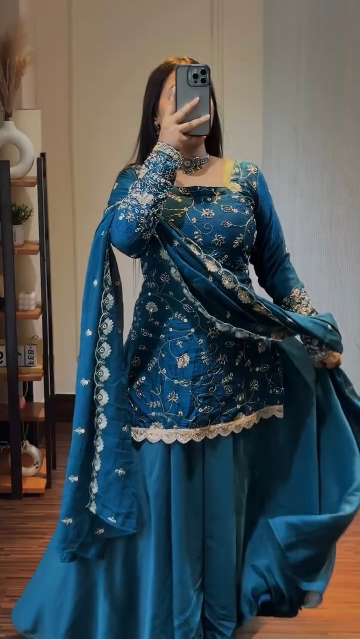 Royal Teal Embroidered Plazzo Suit Set with Dupatta